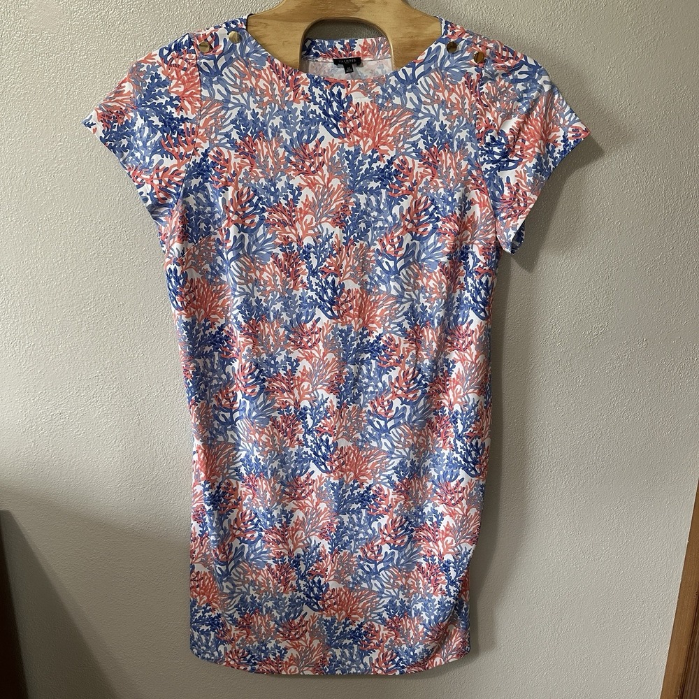 TALBOTS Dress Size 2X Blue Red Coral Reef Print‎ Jersey Shift Floral Sundress